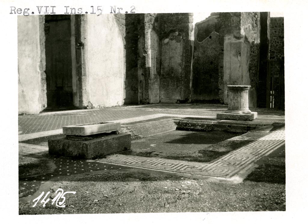 VII.15.2 Pompeii. Pre-1937-39. Looking across impluvium towards doorways in south-east corner of atrium.
Photo courtesy of American Academy in Rome, Photographic Archive. Warsher collection no. 1451.

