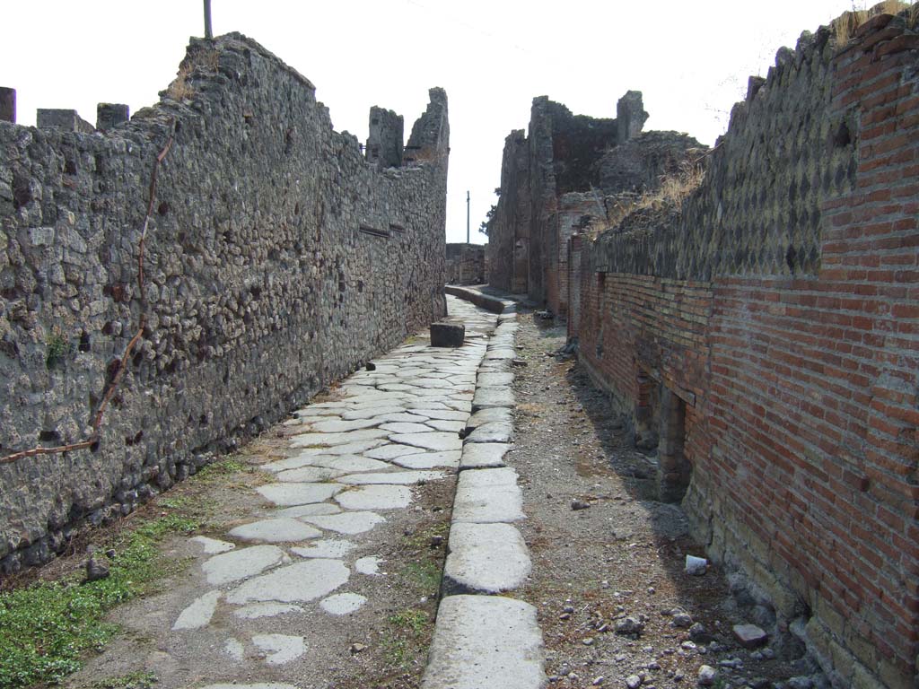 VII.15.1/2 Pompeii. September 2005. Garden wall on Via dei Soprastanti/Vicolo del Gigante, on left, looking south.  