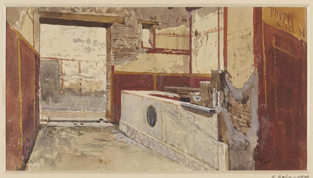 VII.15.5 Pompeii. 11th September 1876. Watercolour by Luigi Bazzani.
Looking south towards interior of entrance doorway, with two-sided counter, on right. 
Photo © Victoria and Albert Museum. Inventory number 2032-1900.
