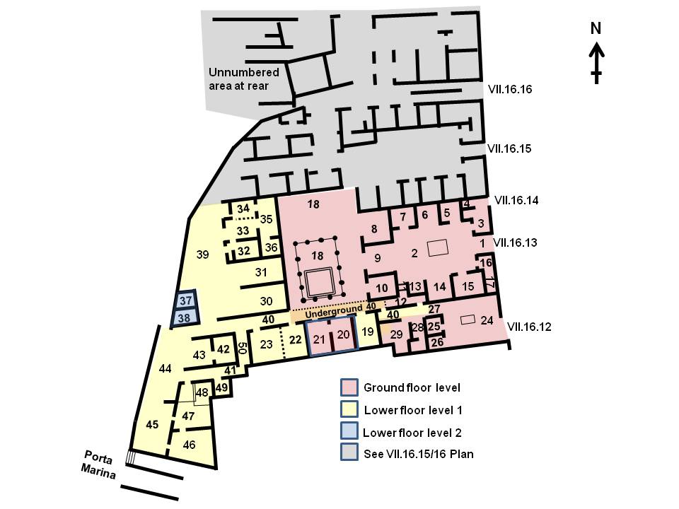 VII.16.13/12/14 Pompeii. Casa di Umbricius Scaurus (II)
or House of Aulus Umbricius Scaurus, Father and Son (II)
Plan