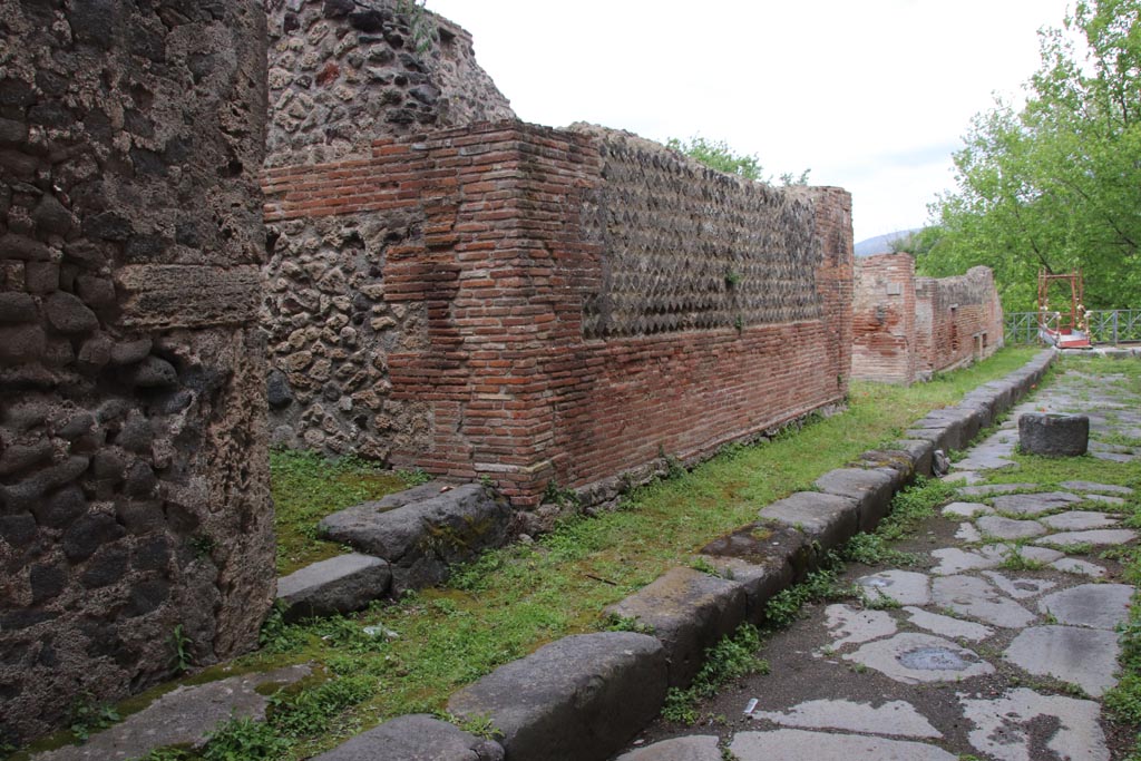 VII.16.14, Pompeii, on left. June 2019. Looking north in Vicolo del Gigante towards junction with Vicolo dei Soprastanti. 
Photo courtesy of Buzz Ferebee.  
