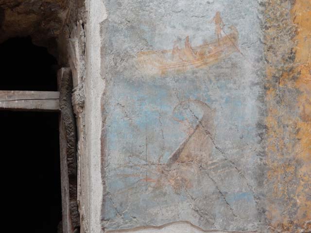 VII.16.a Pompeii. May 2015. Room 9, detail from west end of north wall. Photo courtesy of Buzz Ferebee.

