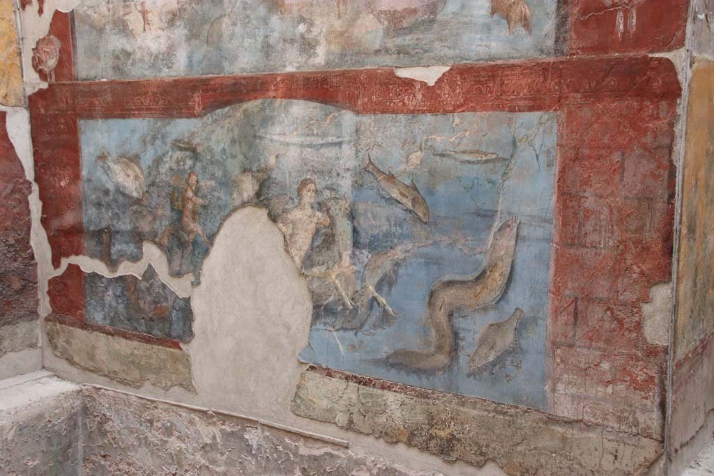 VII.16.a Pompeii. October 2020. Room 9, detail from upper part of south end of east wall.  
Photo courtesy of Klaus Heese.
