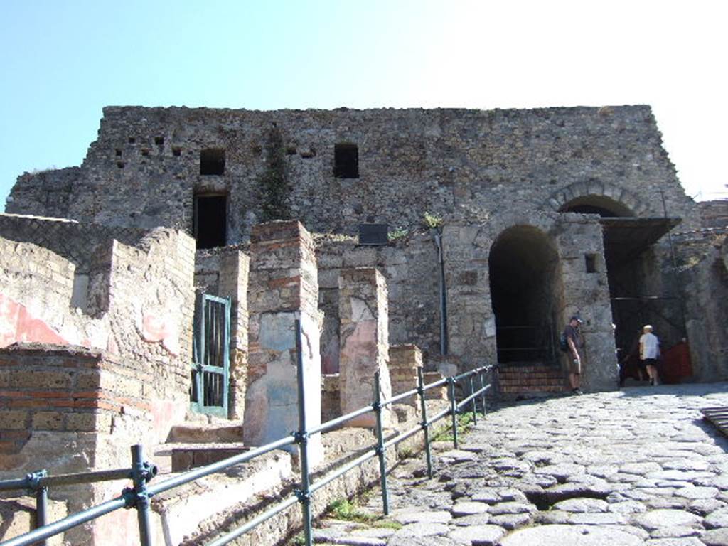 VII.16.a Pompeii. September 2005. Portico on south side of Suburban Baths and Porta Marina or Marine Gate.
