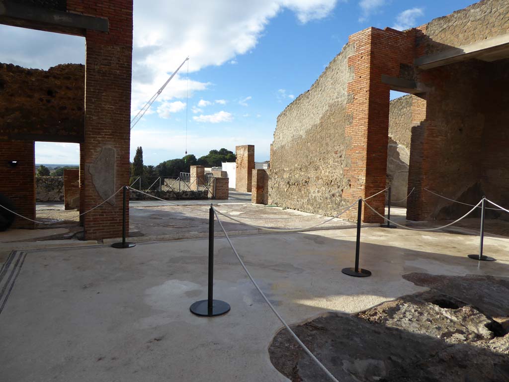 VIII.2.16 Pompeii. April 2019. 
Large room on west side of peristyle, looking south through remains of large window/doorway towards the Sarno plain. Photo courtesy of Rick Bauer.
