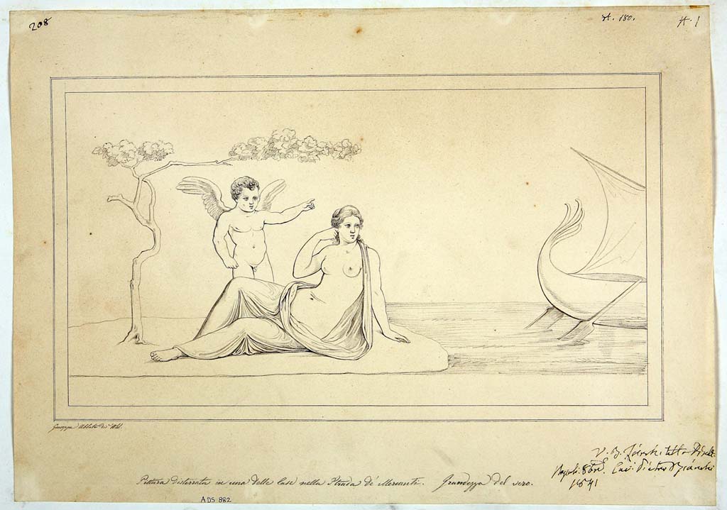 VIII.5.5 Pompeii. ADS 882. Room 31, south end of west wall of cubiculum.  
Drawing by Giuseppe Abbate, 1841, of painting of Ariadne abandoned by Theseus, now faded and destroyed. 
Now in Naples Archaeological Museum. Inventory number ADS 882.
Photo  ICCD. http://www.catalogo.beniculturali.it
Utilizzabili alle condizioni della licenza Attribuzione - Non commerciale - Condividi allo stesso modo 2.5 Italia (CC BY-NC-SA 2.5 IT)
