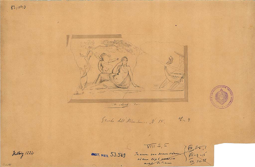 VIII.5.5 Pompeii. Sketch by A. Aurelj of Ariadne abandoned by Theseus, from south end of west wall of cubiculum.
DAIR 83.190. Photo  Deutsches Archologisches Institut, Abteilung Rom, Arkiv. 
