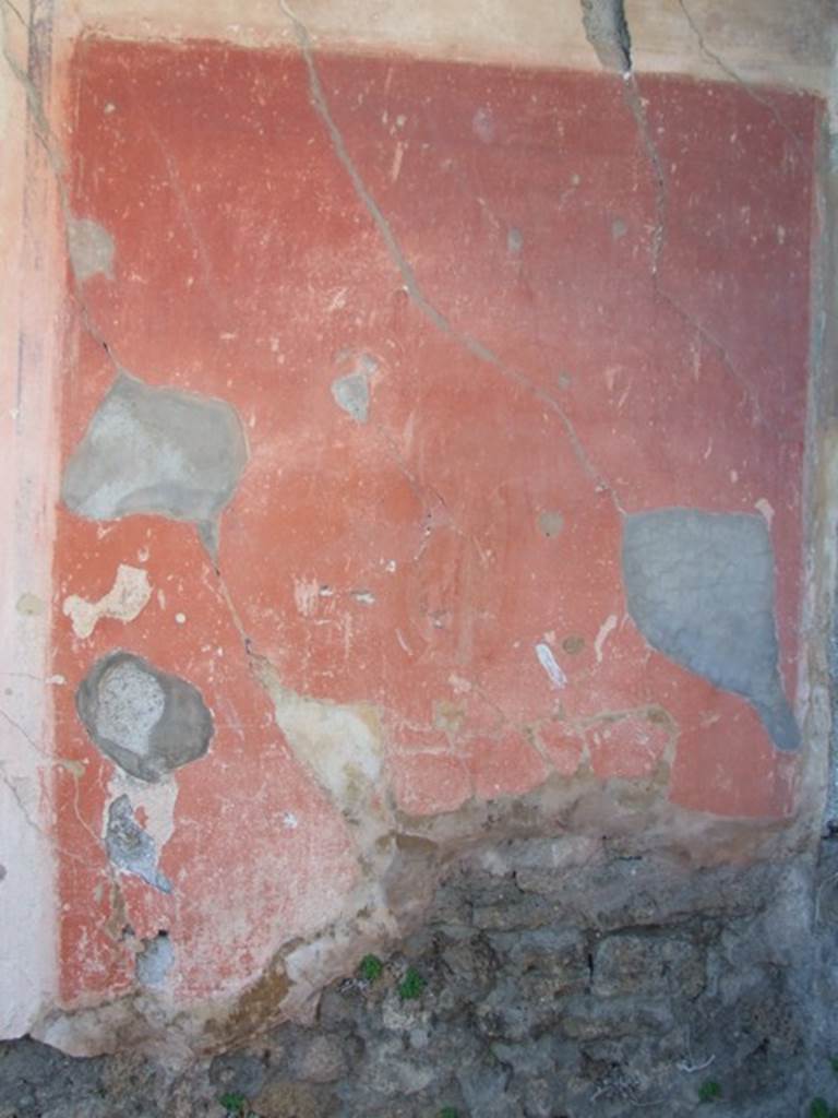 VIII.5.15 Pompeii. March 2009. Room 2, west wall, detail of painted panel. On the same wall, in the red panel on the right, traces of a male figure could be seen (0.31 high) with a flute in each hand. In a panel near the upper frieze, also with a red background, was a female figure with a lyre standing on a pillar.
See NdS, 1882, (p.397)
