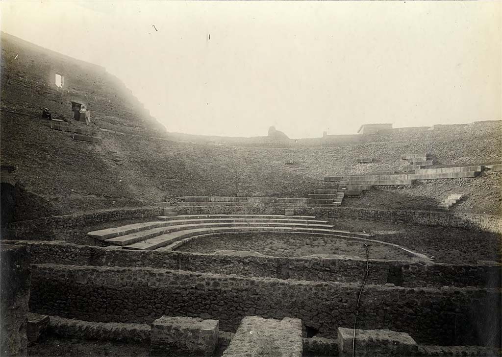 VIII.7.20 Pompeii. 1898. Photo by Peter Paul Mackey. Large theatre looking north from stage.
Photo courtesy of British School at Rome Digital Collections.
See http://www.bsrdigitalcollections.it/islandora/object/MACKEY:406
