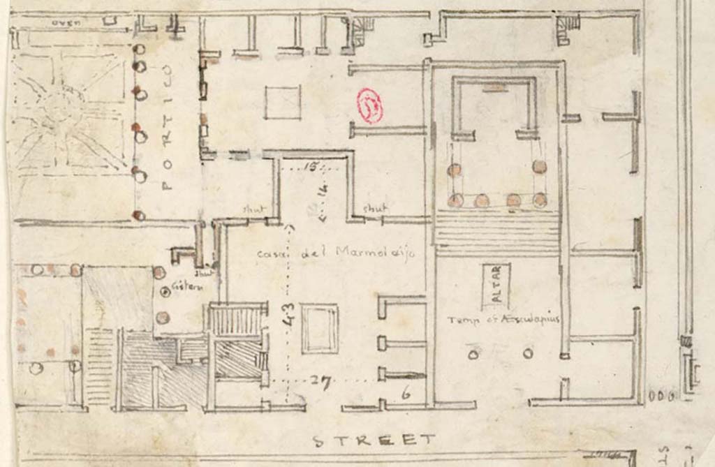 VIII.7.26 Pompeii. c.1819. Sketch by W. Gell of house, top of plan, and its connection with other properties. 
The entrance doorway is in the top right, leading south through a series of small areas on the west side towards the atrium and portico area of the house.
See Gell W & Gandy, J.P: Pompeii published 1819 [Dessins publis dans l'ouvrage de Sir William Gell et John P. Gandy, Pompeiana: the topography, edifices and ornaments of Pompei, 1817-1819], pl. 86.
See book in Bibliothque de l'Institut National d'Histoire de l'Art [France], collections Jacques Doucet Gell Dessins 1817-1819
Use Etalab Open Licence ou Etalab Licence Ouverte

