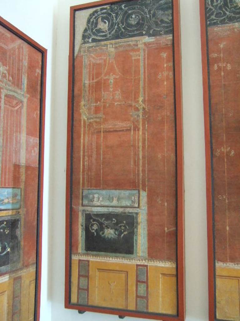 VIII.7.28 Pompeii.  Panel with architectural painting and landscape scene.  
Now in Naples Archaeological Museum
