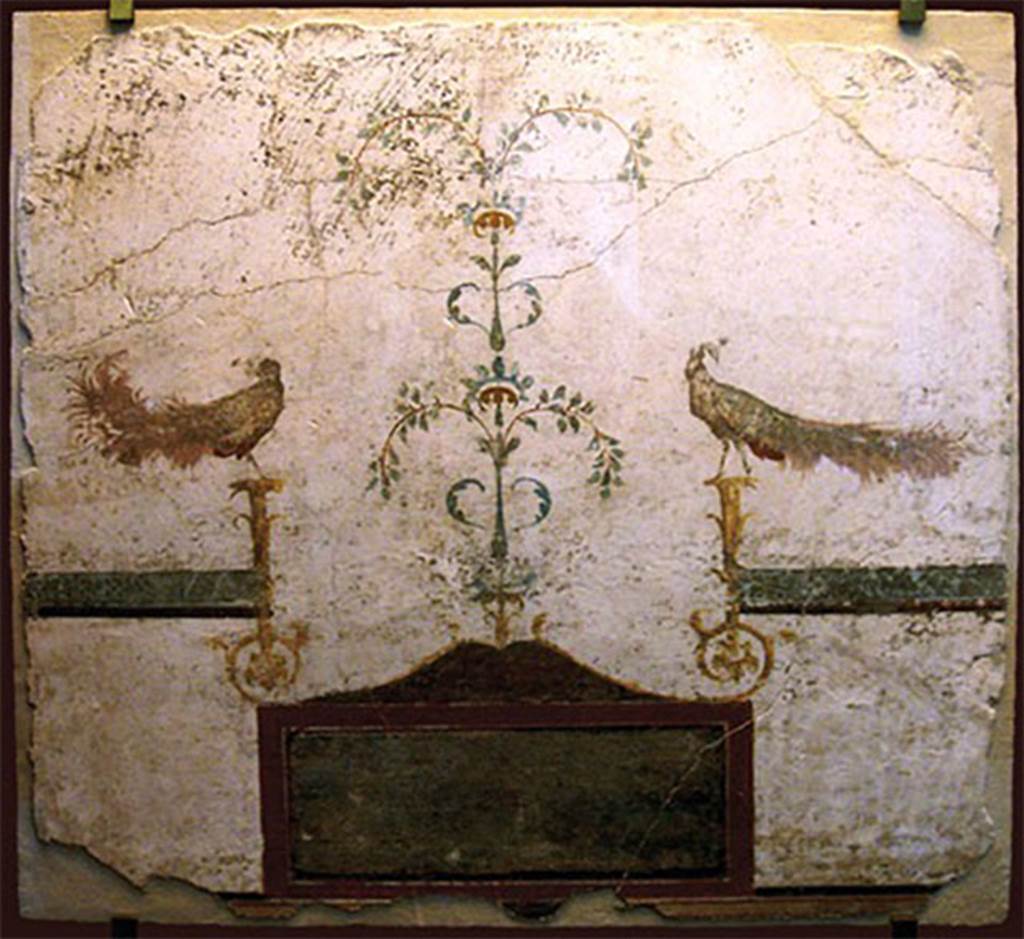 VIII.7.28 Pompeii. Part of the portico? Painting with two peacocks perched on candelabra with a landscape below.
Upper part of the Temple of Isis, Pompeii.
This fresco features two peacocks perched on stylized chandeliers and, at the bottom, a picture with a landscape. 
Now in the Museu Nacional/UFRJ Brazil.
Following the disastrous fire at the Museum on 3rd September 2018 this may have been destroyed.
Parte superior do Templo de Ísis, Pompéia.
Este afresco apresenta dois pavões empoleirados em candelabros estilizados e, na parte inferior, um quadro com uma paisagem. 
See http://www.museunacional.ufrj.br/dir/exposicoes/arqueologia/culturas-mediterraneo/arqcmed013.html
