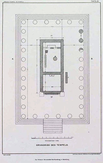 VIII.7.31 Pompeii. 1890 cross sections of Doric Temple. The locations of the cross sections are marked on the main plan. See Von Duhn F., 1890. Der Griechische Tempel in Pompeji, Heidelberg: Carl Winters Univ., Taf. 4.