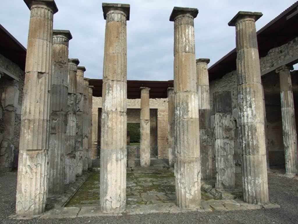 IX.1.20 Pompeii. December 2007. Room 2, atrium. Tufa columns, impluvium, rim and basin floor. Atrium with 16 Doric columns around impluvium. 

