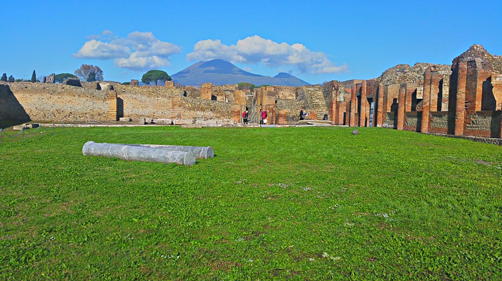 IX.4.18 Pompeii. December 2019.
Looking towards north side of Central Baths, and Vesuvius. Photo courtesy of Giuseppe Ciaramella.
