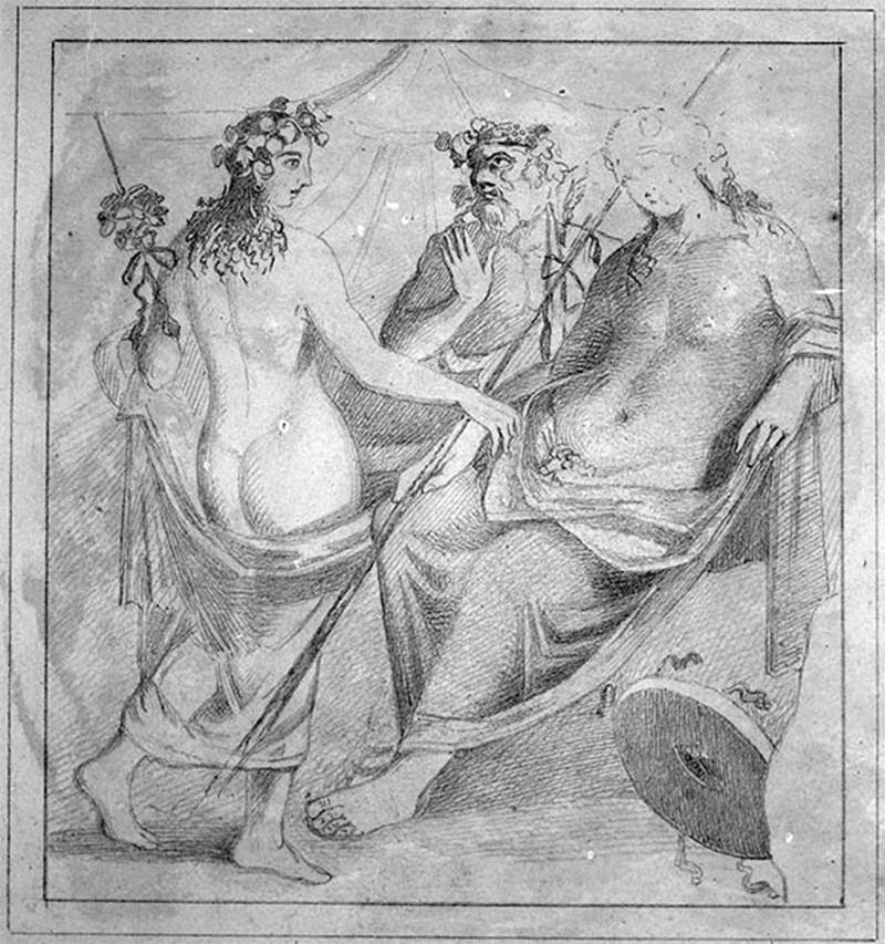 IX.5.2 Pompeii. Copy by Discanno of painting of Hermaphrodite and a maenad or possibly Ariadne and Dionysus with Silenus.
DAIR 58.1915. Photo © Deutsches Archäologisches Institut, Abteilung Rom, Arkiv. 
See Sogliano, A., 1879. Le pitture murali campane scoverte negli anni 1867-79. Napoli: Giannini, (p.120, no.595).
Kuivalainen describes –
“A composition of three figures on a white background. …………..”
Kuivalainen comments –
“The indoors scene depicts a lascivious maenad and a lethargic Bacchus with a disapproving Silenus. The scene is a variation of F20 above, now with the opposite roles and an active maenad instead of a passive Ariadne.”
See Kuivalainen, I., 2021. The Portrayal of Pompeian Bacchus. Commentationes Humanarum Litterarum 140. Helsinki: Finnish Society of Sciences and Letters, (p.157, E21).


