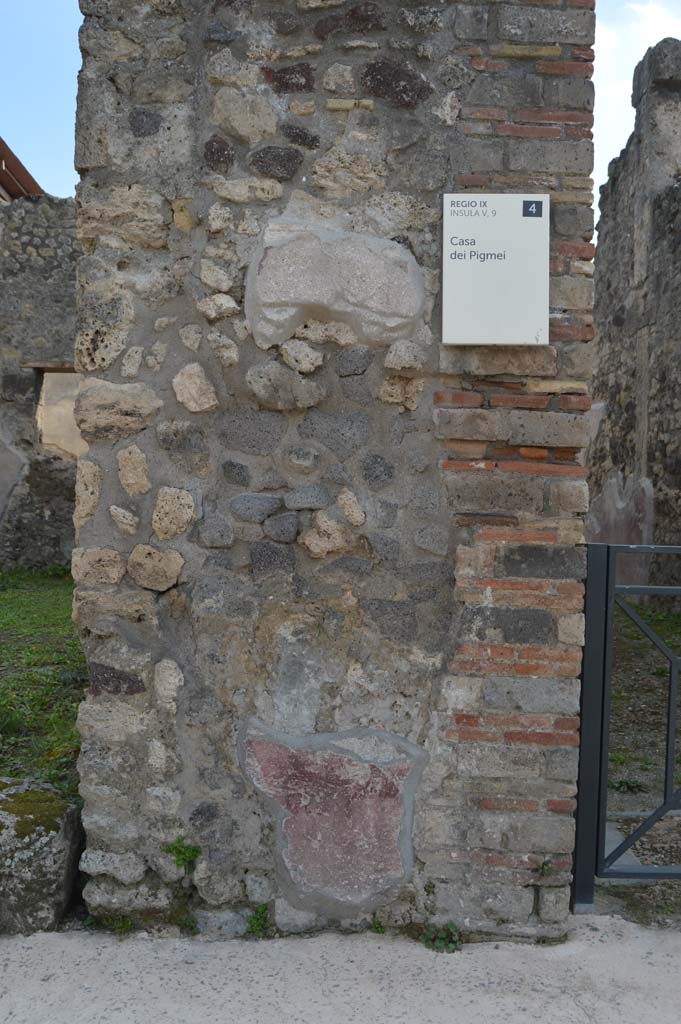  
Pilaster between IX.5.10, on left, and IX.5.9, on right, Pompeii. March 2019.
Detail of pilaster and remaining plaster-work.
Foto Taylor Lauritsen, ERC Grant 681269 DCOR.
