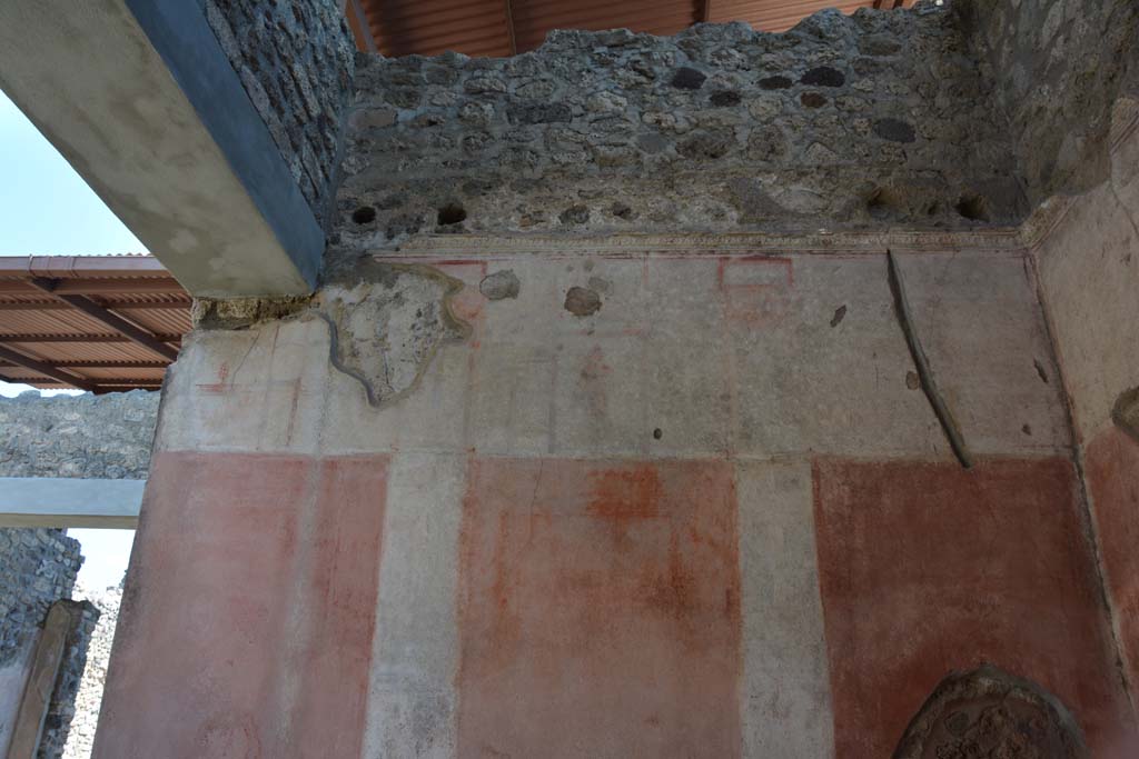 IX.5.11 Pompeii. May 2017. Room e, upper south wall. 
Foto Christian Beck, ERC Grant 681269 DCOR.
Above a simple black zoccolo with panels separated by compartments, the panels of the middle zone of the wall were delimited by architectural views on a white background, containing medallions with couples: in the white upper area was a masculine figure with palm in his left hand and a crown in the right hand.
