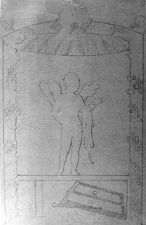 IX.5.11 Pompeii. Room 3, drawing by Discanno showing a Cupid with a club, and seen under in the small purple rectangles were two fighters with daggers. 
This would have been seen on the north wall, east end, according to PPM. (North wall, west side according to PPP).
According to Mau and Fiorelli, it would have been seen on the south wall -
On the wall to the right was a Cupid with a club, and underneath in a small rectangle with a purple background one saw some fighters with daggers: on the wall to the left, finally we have another Cupid, that had a bunch of grapes in the right hand, and in his left an unidentifiable object, underneath in a rectangle with a purple background, one saw an open volume with some black words, partly vanished and difficult to understand.
See NdS, 1877, (p.248)
Sogliano describes the two Cupids as being from the east ala, but does not give a wall location.
See Sogliano, A., 1879. Le pitture murali campane scoverte negli anni 1867-79. Napoli: Giannini. (p.53, nos 249 and 250)
