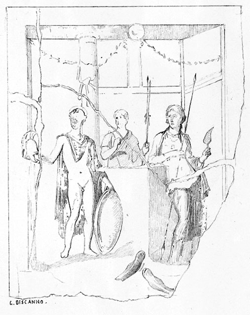 IX.7.16 Pompeii. West wall of cubiculum, drawing by Discanno.
Detail of drawing sometimes identified as Mars and Venus (Marte and Venere) or Dido and Aeneas (Enea).
DAIR 83.306. Photo © Deutsches Archäologisches Institut, Abteilung Rom, Arkiv. 
