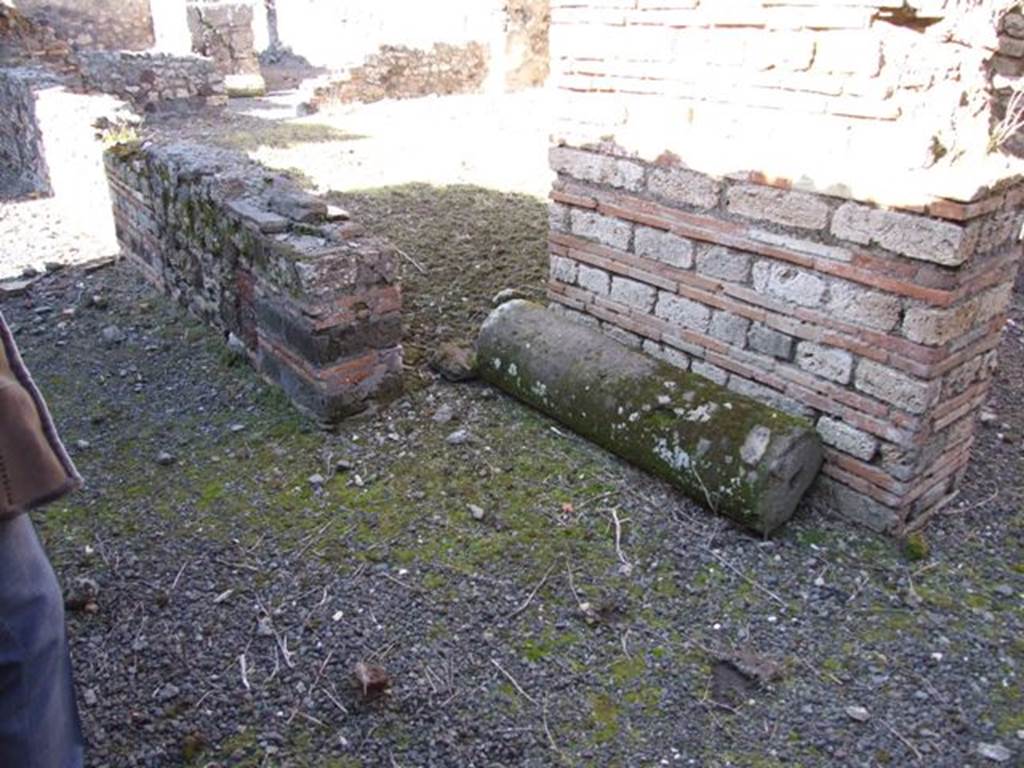 IX.9.a Pompeii. March 2009. South-west corner of garden area.  Remains of the low wall around the garden, and single tufa column.  The masonry pillar supported the roof of the covered wide west portico.
