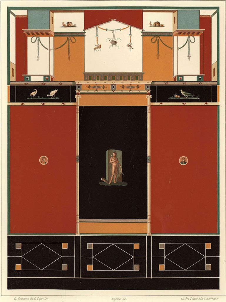 IX.9.c Pompeii. West wall of cubiculum, as painted by Niccolini.
See Niccolini F, 1896. Le case ed i monumenti di Pompei: Volume Quarto. Napoli. Nuovi Scavi, Tav. X, and description p.37.
