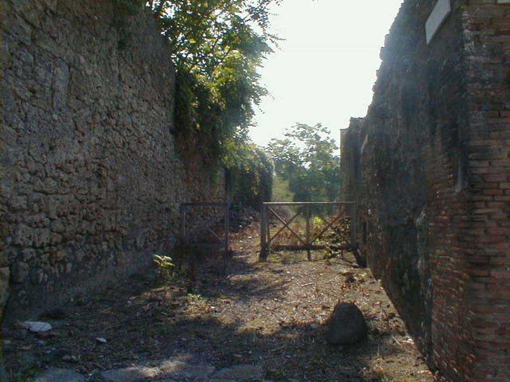 IX.10.1 Pompeii (Side wall), on left. May 2005. Unnamed vicolo, looking south. IX.9, on right.