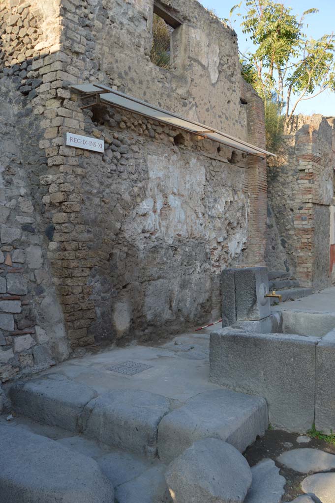 IX.11.1 Pompeii. October 2017. 
Looking north-east towards front faade of house on west side of entrance doorway, with steps.
House with street shrine and fountain outside.
Foto Taylor Lauritsen, ERC Grant 681269 DCOR.
