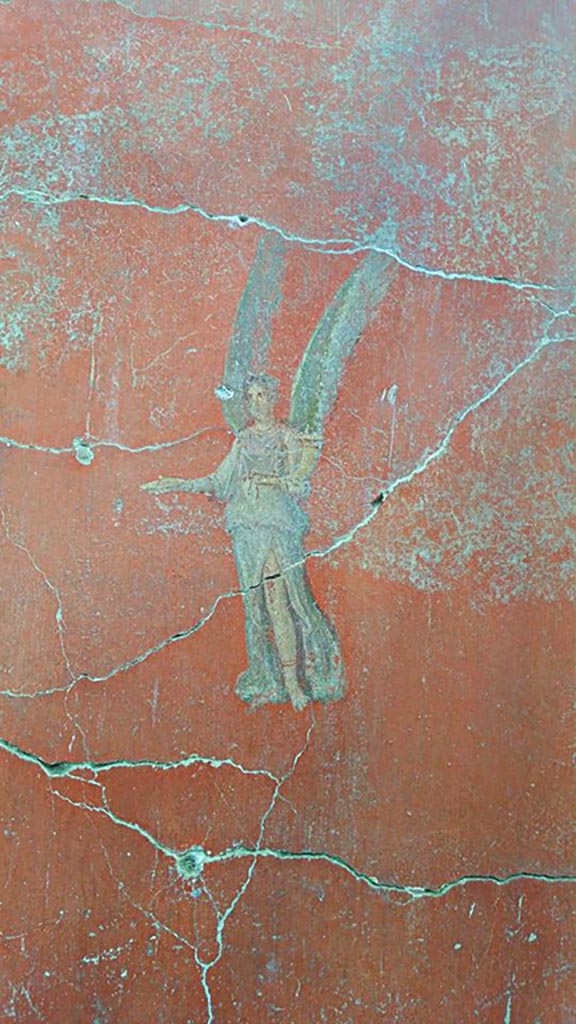 IX.12.6 Pompeii. 2016/2017.
Room 3, flying figure on east side of central painting on north wall.
Photo courtesy of Giuseppe Ciaramella.
