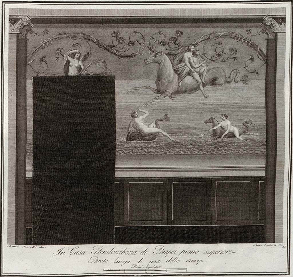 HGW24 Pompeii. Engraving with Nereids and Seahorses from room on upper floor.
See Gli Ornati delle Pareti ed I Pavimenti delle Stanze dell’Antica Pompei, 1838, (No.36)
(Villa Diomedes Project – area 14.)
(Fontaine, room 2,13).
