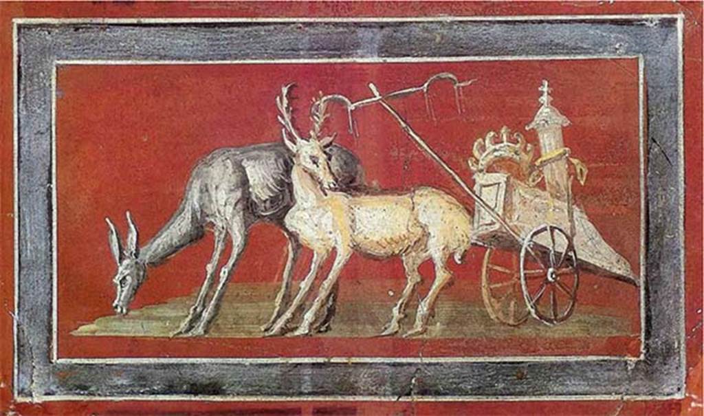 HGW24 Pompeii. Panel from south wall of antechamber showing Chariot with the symbols of Artemis / Diana (crown and quiver). Nearby rest two deer.
See Helbig, W., 1868. Wandgemälde der vom Vesuv verschütteten Städte Campaniens. Leipzig: Breitkopf und Härtel. (248 (and 247)).
(Fontaine 2.10).
Now in The Louvre. Inventory number P15.
