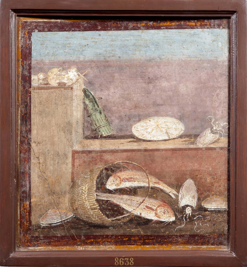 HGW24 Pompeii. Still life with fishes. Found 21st September 1771. 
Now in Naples Archaeological Museum. Inventory number 8638.
See Le antichità di Ercolano esposte Tomo 7, Le Pitture Antiche di Ercolano 5, 1779, Picture 62, p.275-277.
(Villa Diomedes Project – area 16 or 17.)
(Fontaine’s room 2,10 or 2,12, see note regarding photograph above).
