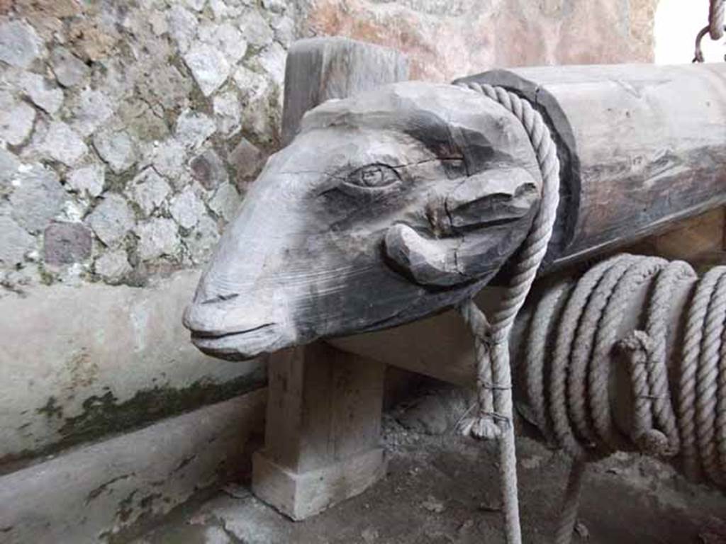 Villa of Mysteries, Pompeii. May 2010. Room 48-9, wooden pole with a ram’s head at one end, part of a winepress or torcularium.