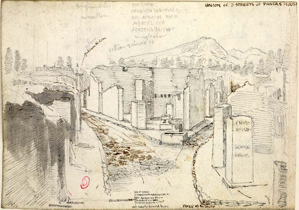 Via Consolare. c.1819. Drawing by W. Gell, looking north towards the fountain at the junction with Vicolo di Modesto.
See Gell W & Gandy, J.P: Pompeii published 1819 [Dessins publis dans l'ouvrage de Sir William Gell et John P. Gandy, Pompeiana: the topography, edifices and ornaments of Pompei, 1817-1819], pl. 21.
See book in Bibliothque de l'Institut National d'Histoire de l'Art [France], collections Jacques Doucet Gell Dessins 1817-1819
Use Etalab Open Licence ou Etalab Licence Ouverte
