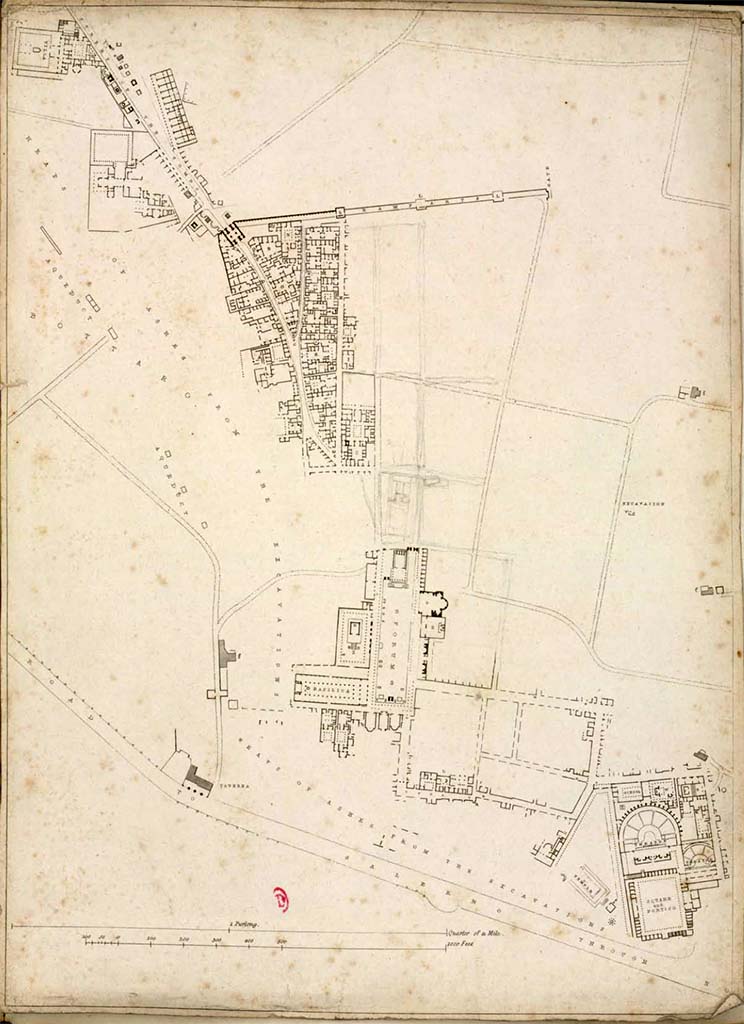 Via Consolare. Plan, pre c.1819, showing western side of Pompeii, as excavated. 
Via Consolare is the road running from the top left-hand corner.
According to this plan, the excavated areas included Villa of Diomedes and Cicero on Via dei Sepulcri leading to the Herculaneum Gate.
Insula Occidentalis (VI.17) properties from VI.17.1 to VI.17.36, at the junction with Vicolo dei Farmacista.
Insula VI.1, VI.2, VI.3, part of VI.5, and House of Pansa in VI.6.
See Gell, W. Pompeii unpublished [Dessins de l'dition de 1832 donnant le rsultat des fouilles post 1819 (?)] vol II, pl. 43.
Bibliothque de l'Institut National d'Histoire de l'Art, collections Jacques Doucet, Identifiant numrique Num MS180 (2).
See book in INHA Use Etalab Licence Ouverte
