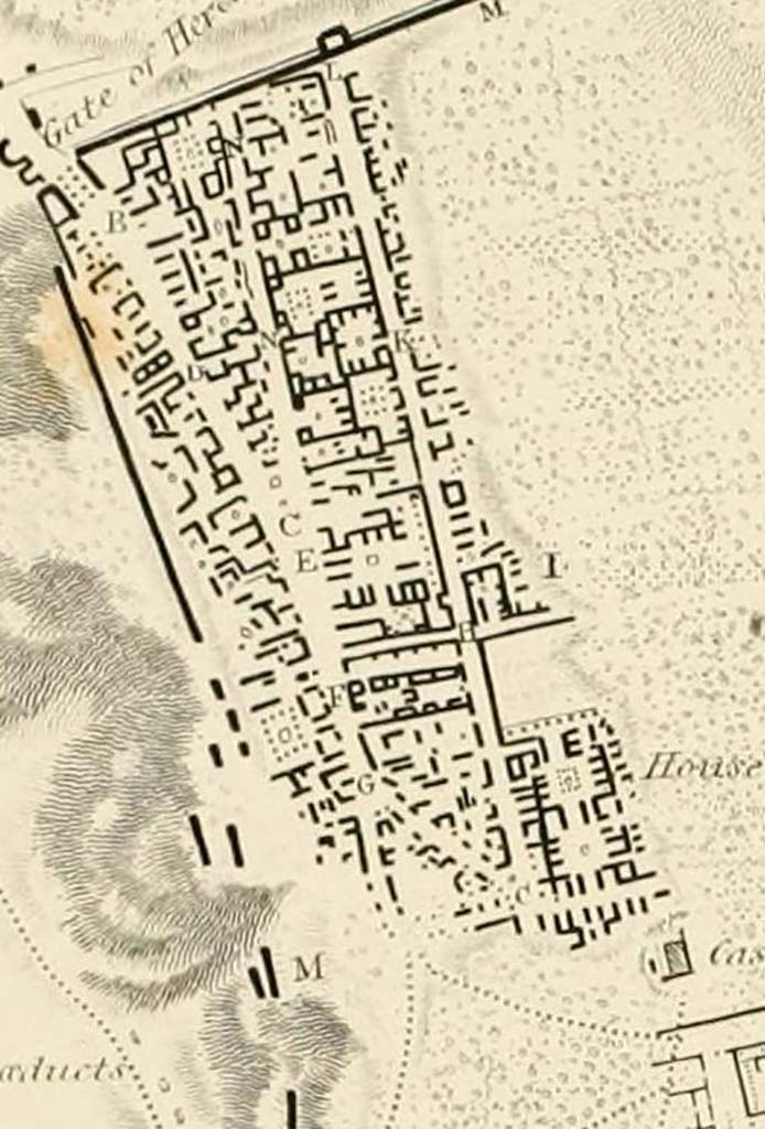 Via Consolare, Pompeii. c.1821. 
According to Gell, on this plan B, C, D, E, F, G were known as the Great Street or Corso of Pompeii.
This would appear to be the area of Via Consolare down to its junction with Vicolo di Farmacista.  
See Gell, W, and Gandy J. P., 1821. Pompeiana: 2nd edition. London: Rodwell and Martin, pl. 1, p. 15.
