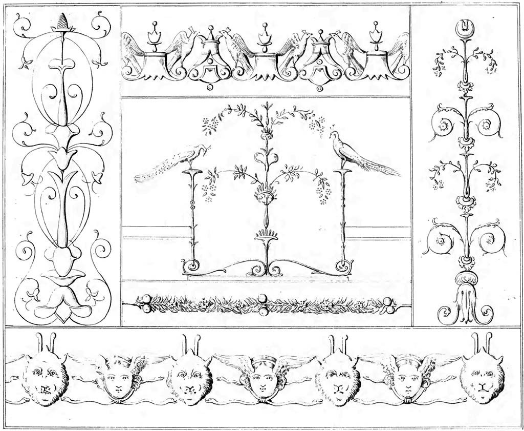 VI.17.9-11 Pompeii. Pre-1843. Drawing of several wall decorations by Abbate.
These may or may not be from this house but look very similar.
See Raccolta de pi interessante Dipinture e di pi belle Musaici rinvenuti negli Scavi di Ercolano, di Pompei, e di Stabia. 1843. Napoli.

According to Guidobaldi and Esposito -
The drawing of the candelabra on the left, is from the Villa of the Royal Stables at Portici.
Original now in Naples Archaeological Museum, inventory number: 9762.
See Guidobaldi, M.P. and Esposito, D. (2013). Herculaneum, Art of a Buried City. Abbeville Press, New York, (p. 124).

(This has also been copied to VI.17.10, and to Via Consolare.)

