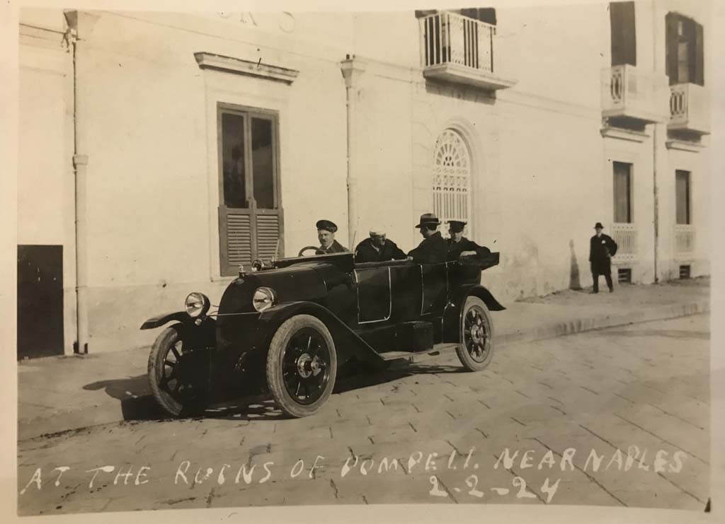 Pompeii, 2nd February 1924. Photo taken at the ruins of Pompeii, unspecified location. The motor car is actually outside the Hotel Suisse.
Photo courtesy of Rick Bauer.


