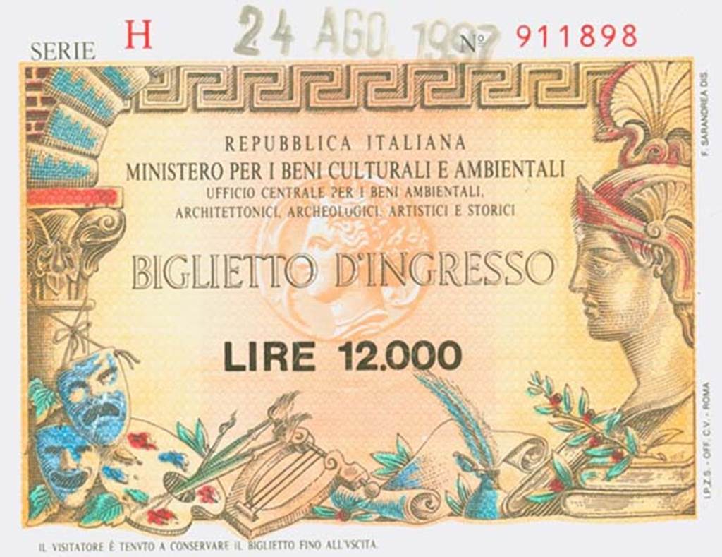 Pompeii Entrance ticket dated 24th August 1997. Entry fee was 12.000 Lire. Photo courtesy of Rick Bauer.