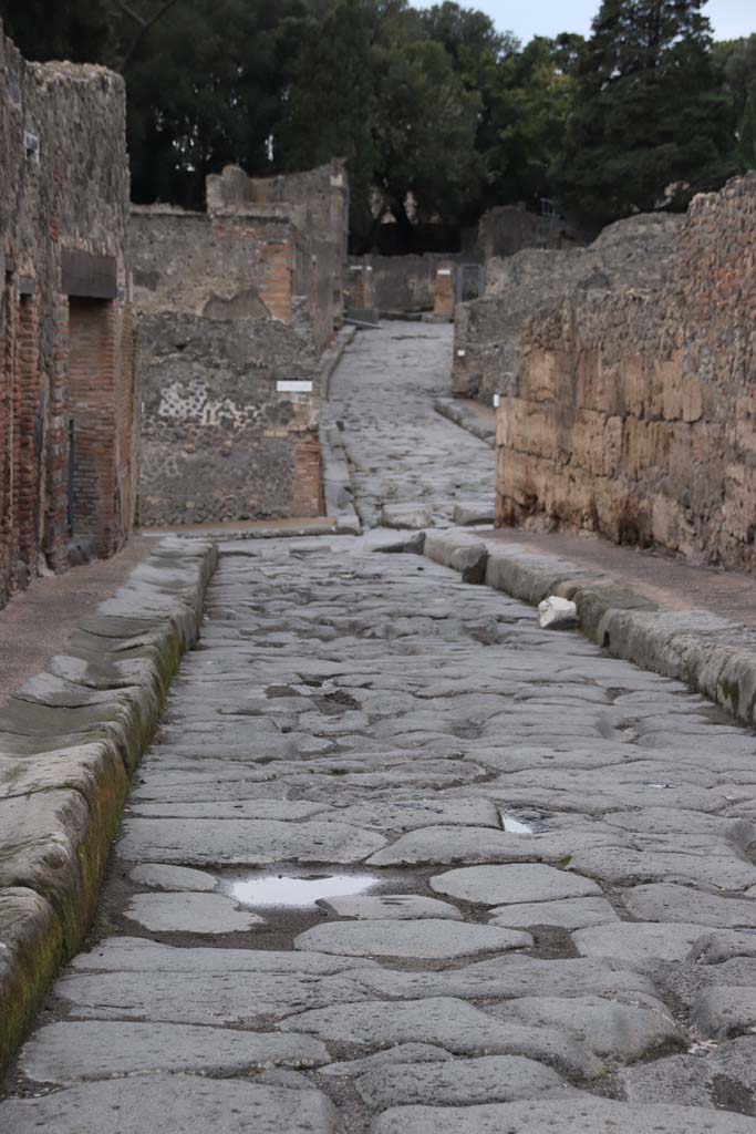 Vicolo del Menandro, Pompeii. October 2020. 
Looking west to junction with Via Stabiana, from between I.3 and I.4. 
On the other side of the junction is the Via del Tempio dIside.  Photo courtesy of Klaus Heese.
