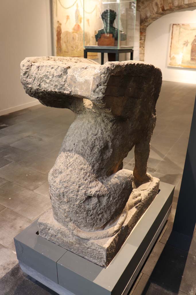 From Farm of Fondo Prisco, Boscoreale. February 2021. 
Rear of tufa Sphynx-shaped tombstone re-used as a kerbstone, on display in Pompeii Antiquarium.
Photo courtesy of Fabien Bivre-Perrin (CC BY-NC-SA).
