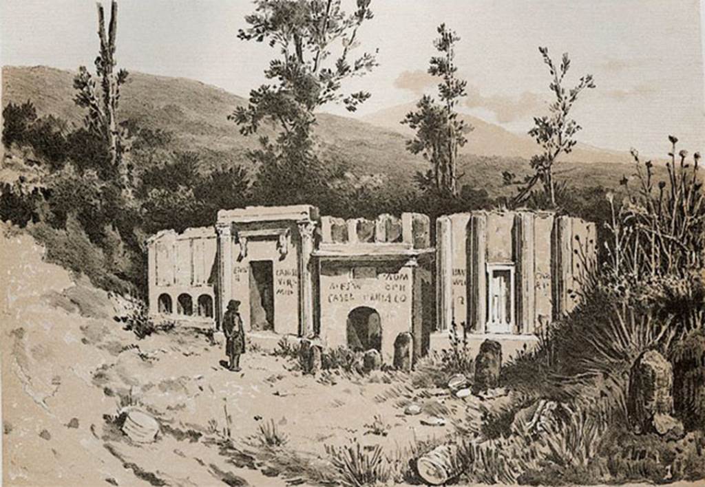 Pompeii FP3 left, FP4, FP5 and FP6. Late 19th century painting showing inscriptions. See Niccolini F, 1896. Le case ed i monumenti di Pompei: Volume Quarto. Napoli.  (Nuovo Scavi, Tav.1).