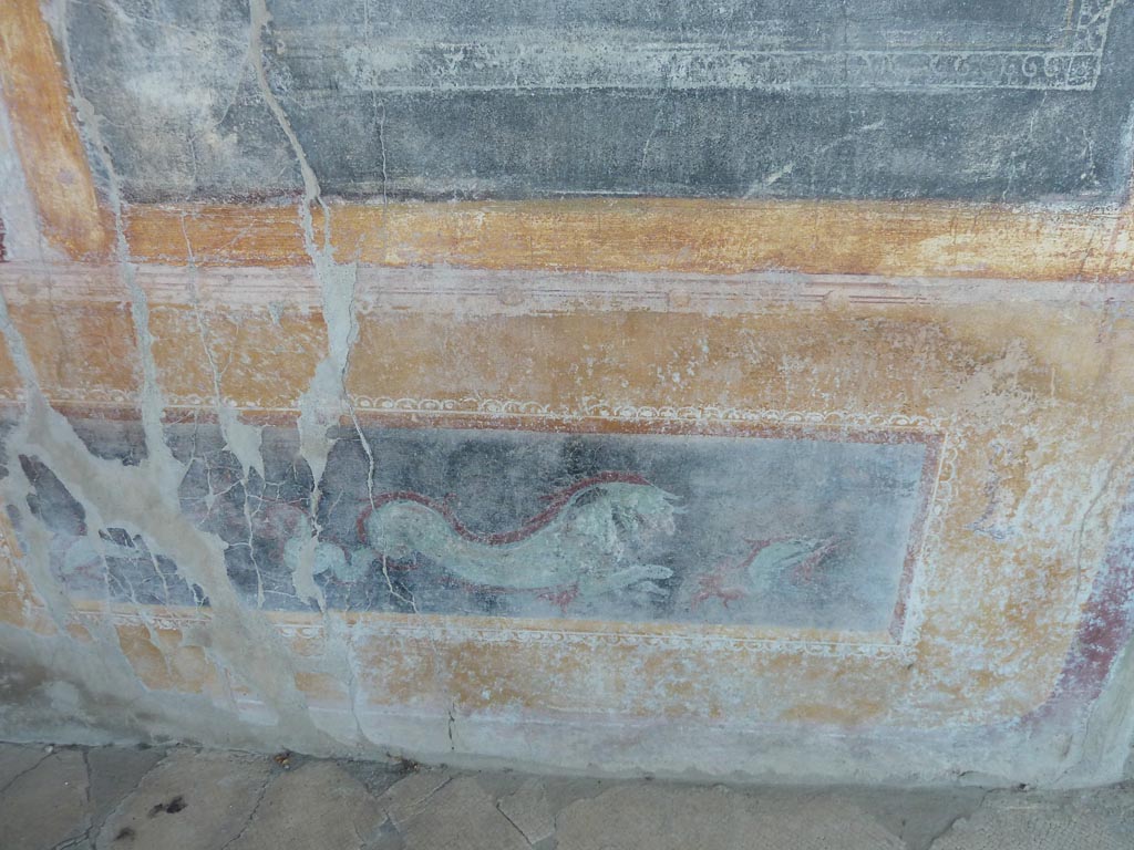 Stabiae, Villa Arianna, September 2015. Room 42, painted zoccolo on west wall.