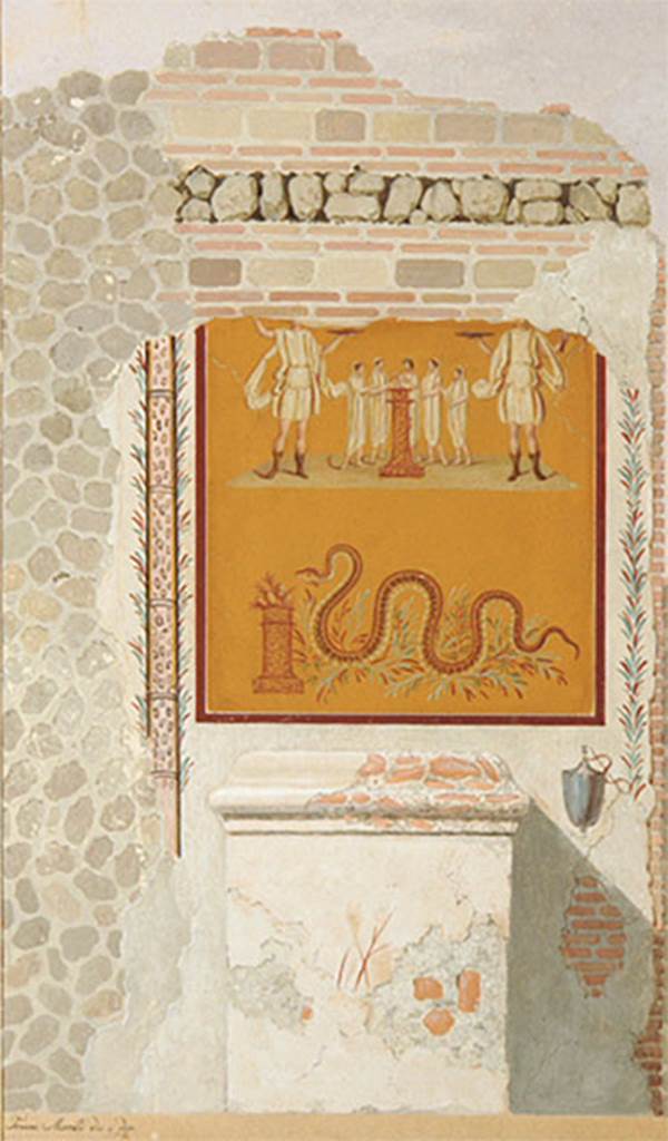 IV.4.g Pompeii. Early 19th century painting by F. Morelli of street shrine between IV.4.f and IV.4.g.
Below is a masonry altar above which is a painting.
In the middle is a round altar with five small figures in long white tunics. 
The figure in the centre behind the altar is a tibicen. 
On either side are pairs of Vicomagistri with right arms outstretched to the altar.  
Two large Lares flank the scene, each with patera and rhyton. 
In the lower zone of the painting is a serpent approaching from the left to an altar with eggs and fruit on it.
Now in Naples Archaeological Museum. Inventory number ADS 574.
See Fröhlich, T., 1991. Lararien und Fassadenbilder in den Vesuvstädten. Mainz: von Zabern. (p.315, F24)
Photo © ICCD. http://www.catalogo.beniculturali.it
Utilizzabili alle condizioni della licenza Attribuzione - Non commerciale - Condividi allo stesso modo 2.5 Italia (CC BY-NC-SA 2.5 IT)