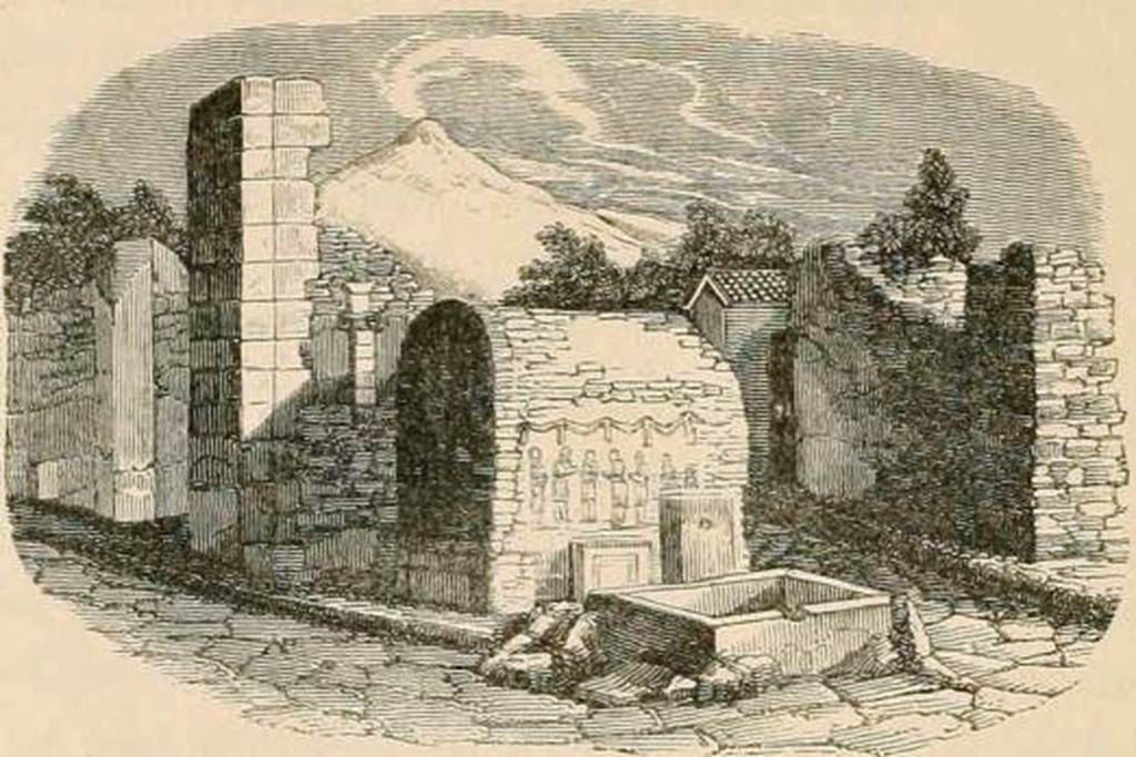 Pompeii. Street altar at VI.1.19. 1867. Drawing of altar and lararium painting with fountain and deep well. See Dyer, T., 1867. The Ruins of Pompeii. London: Bell and Daldy. (p. 38).
