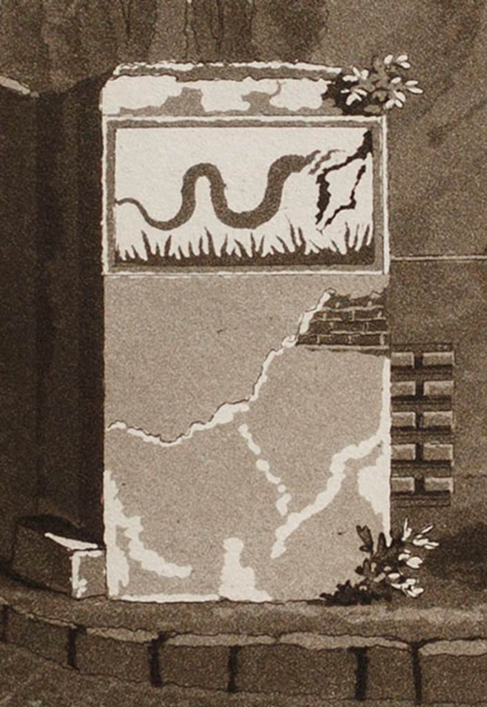 Left hand wall of VI.4.1, site of street shrine. 
Detail from 1822-4 drawing by Paolo Fumagalli of the serpent painting, which is no longer visible.
