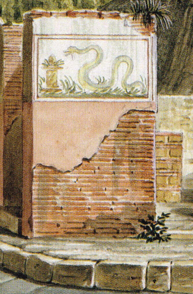 Left hand wall of VI.4.1, site of street shrine. 
Detail from 1824 drawing by Mazois of the serpent painting, which is no longer visible.
The serpent is approaching an altar on which is an offering of fruit.
