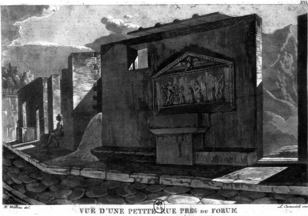 VII.7.22 Pompeii. c.1819. Drawing by Wilkins, described as a “View of a small road near the Forum.”
Looking south on Vicolo dei Soprastanti towards altar with stucco relief above it.
See Wilkins H, Suite des Vues Pittoresque des ruines de Pompei, 1819, p. 15 e pl. XVI.
