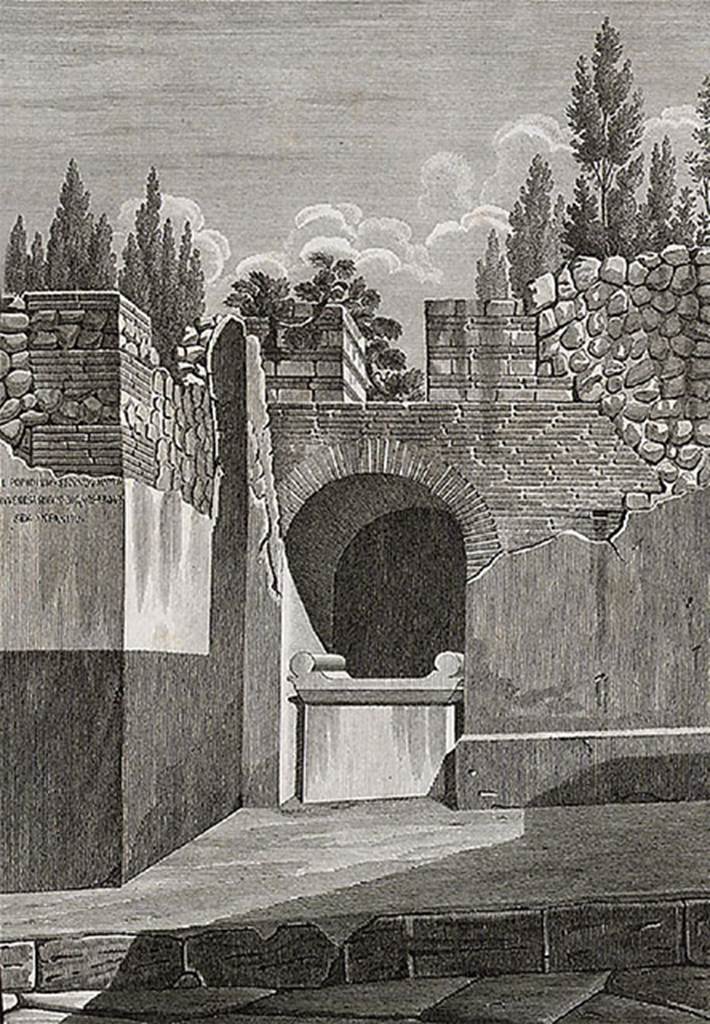 VIII.2.25 Pompeii. 1819 drawing of street altar on south side of Vicolo della Regina.
Two snakes appear to be approaching an altar, one from each side
See Gell, W, and Gandy J. P., 1819. Pompeiana. London: Rodwell and Martin, p. 195.


