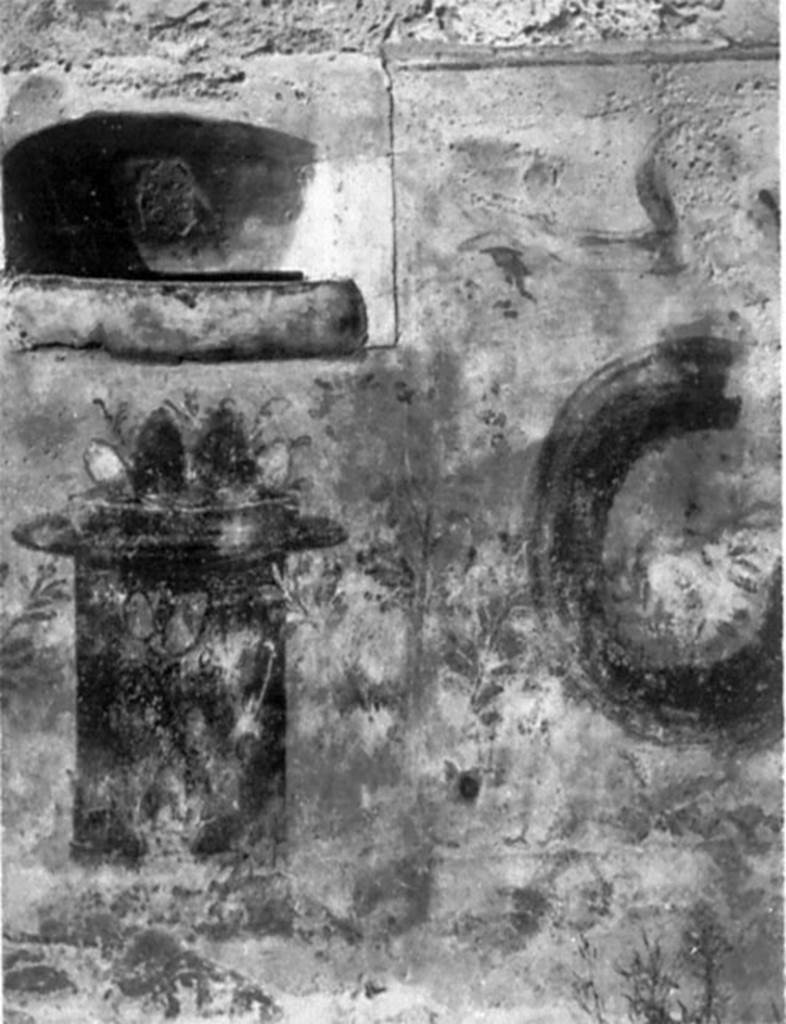 Street shrine at IX.2.12 Pompeii. 1929 photo of lararium.
DAIR 1929.8764. Photo © Deutsches Archäologisches Institut, Abteilung Rom, Arkiv. 
See http://arachne.uni-koeln.de/item/marbilderbestand/936462
According to Fiorelli, at this point was a painting of two large serpents approaching a niche hollowed out of the wall.
Underneath was the effigy of the altar among luxurious plants.
Above the painting and continuing on the same wall, there remained various electoral programmes.
See Pappalardo, U., 2001. La Descrizione di Pompei per Giuseppe Fiorelli (1875). Napoli: Massa Editore. (p. 142).
See Fröhlich, T., 1991. Lararien und Fassadenbilder in den Vesuvstädten. Mainz: von Zabern. (F61).
See Helbig, W., 1868. Wandgemälde der vom Vesuv verschütteten Städte Campaniens. Leipzig: Breitkopf und Härtel. (29).
